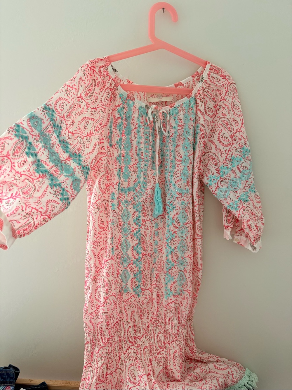 Miss June Paris Boho Tassel Peasant Dress in Coral and Aqua